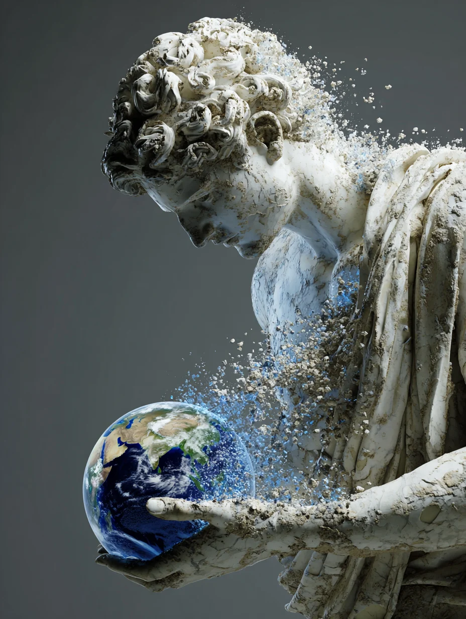 Zerfallende klassische Statue hält eine kleine Erde in den Händen
