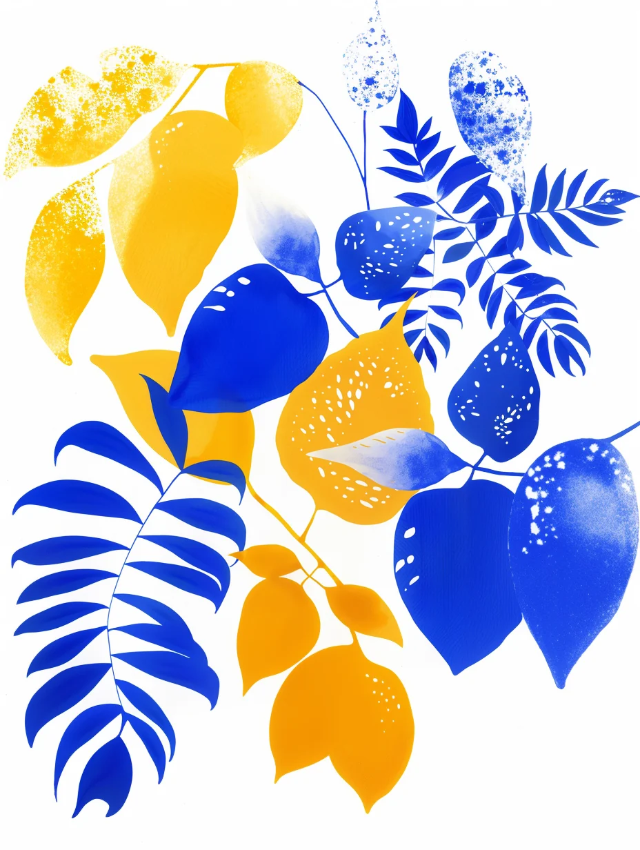 Grafische botanische Illustration in leuchtendem Blau und Gelb