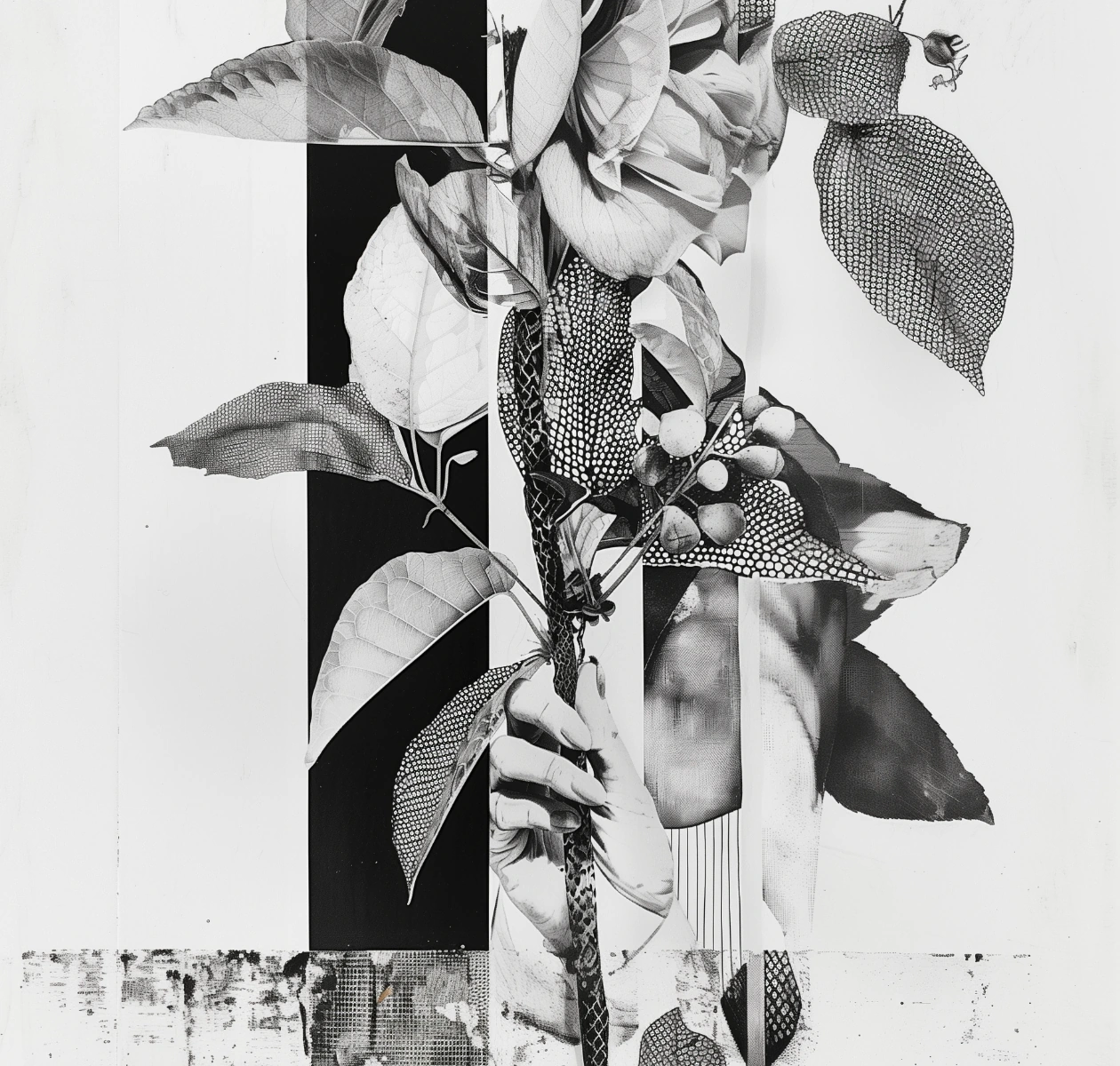 Monochrome botanische Collage aus Pflanzen und geometrischen Formen