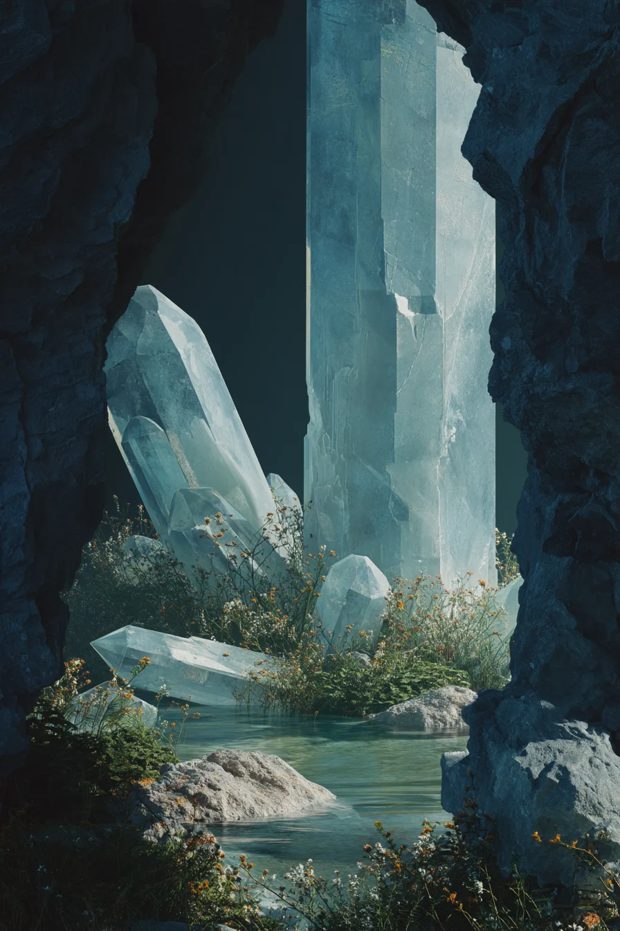 Fantastische Höhlenlandschaft mit großen blauen Kristallen und Wasser