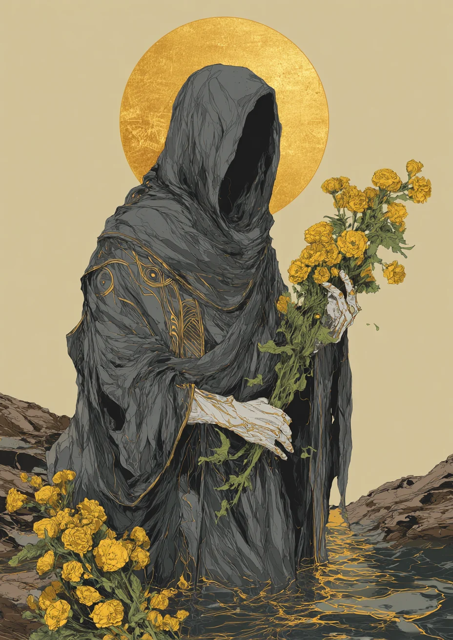 Verhüllte Figur mit goldenem Kreis und gelben Blumen