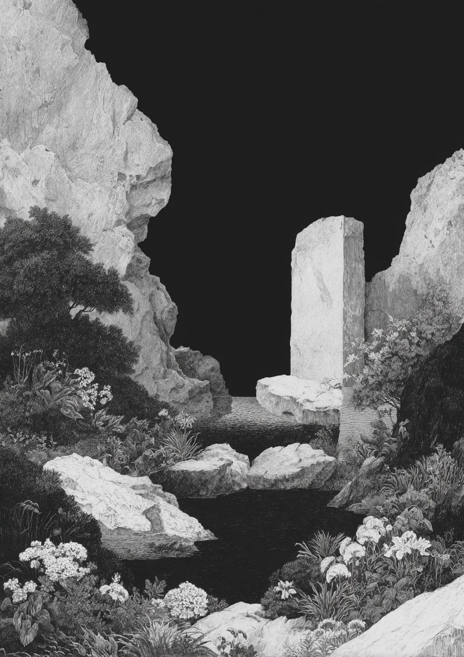 Monochrome Landschaft mit Felsen, Pflanzen und einem geometrischen Monolithen