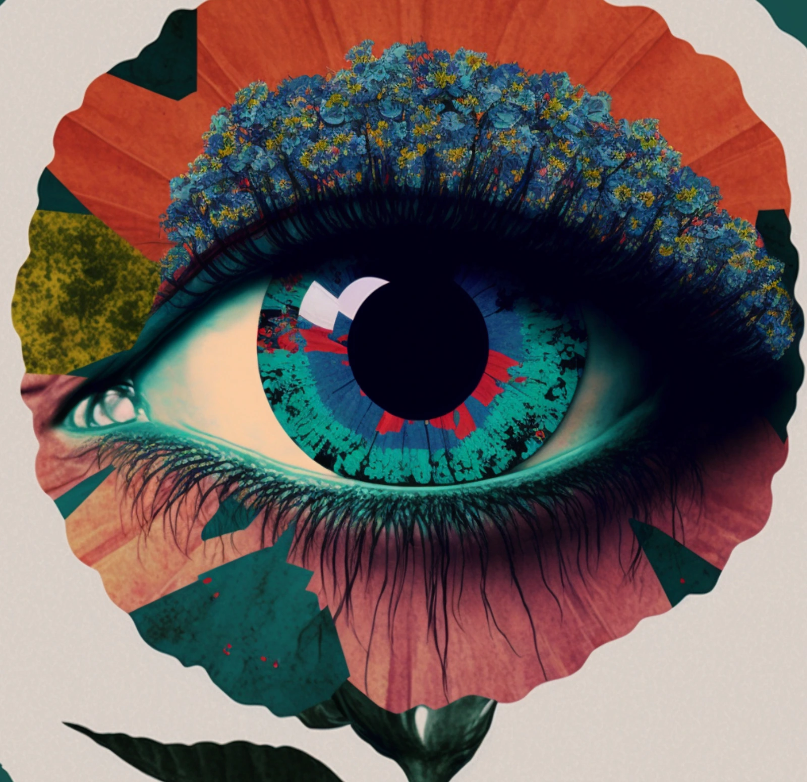 Surreales Porträt mit einem Auge in einer Blütenform